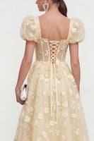 Load image into Gallery viewer, Pink Corset Floral Puff Sleeves Maxi A Line Wedding Guest Dress
