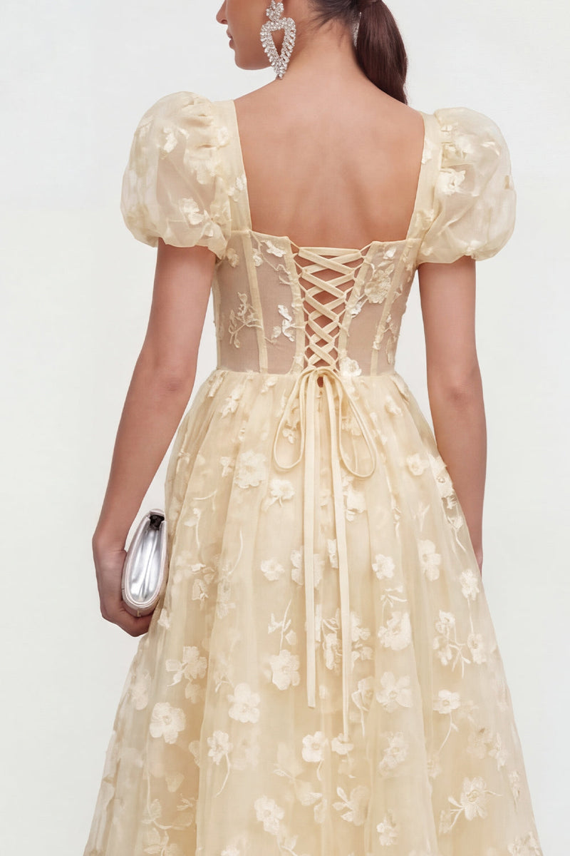 Load image into Gallery viewer, Pink Corset Floral Puff Sleeves Maxi A Line Wedding Guest Dress