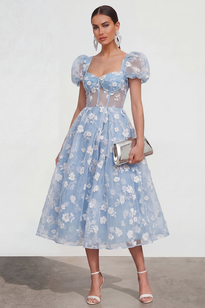 Load image into Gallery viewer, Pink Corset Floral Puff Sleeves Maxi A Line Wedding Guest Dress