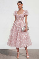 Load image into Gallery viewer, Pink Corset Floral Puff Sleeves Maxi A Line Wedding Guest Dress