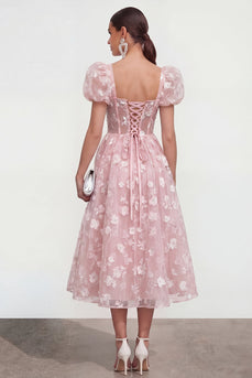 Pink Corset Floral Puff Sleeves Maxi A Line Wedding Guest Dress