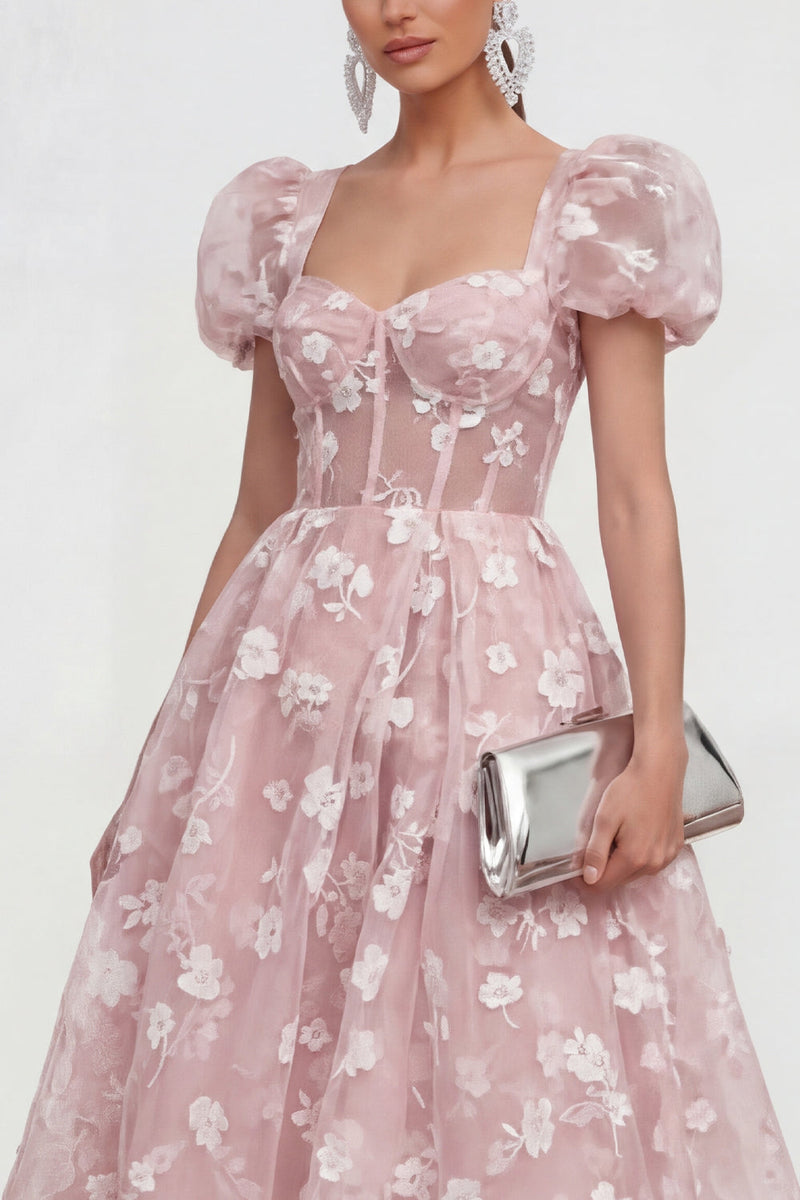 Load image into Gallery viewer, Pink Corset Floral Puff Sleeves Maxi A Line Wedding Guest Dress