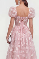 Load image into Gallery viewer, Pink Corset Floral Puff Sleeves Maxi A Line Wedding Guest Dress