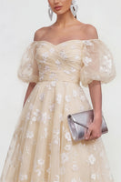 Load image into Gallery viewer, Puff Sleeves Blue Floral A Line Ruched Maxi Wedding Guest Dress