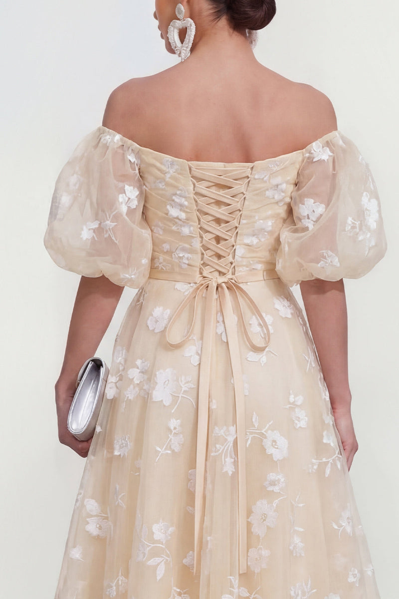 Load image into Gallery viewer, Puff Sleeves Blue Floral A Line Ruched Maxi Wedding Guest Dress