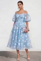 Load image into Gallery viewer, Puff Sleeves Blue Floral A Line Ruched Maxi Wedding Guest Dress