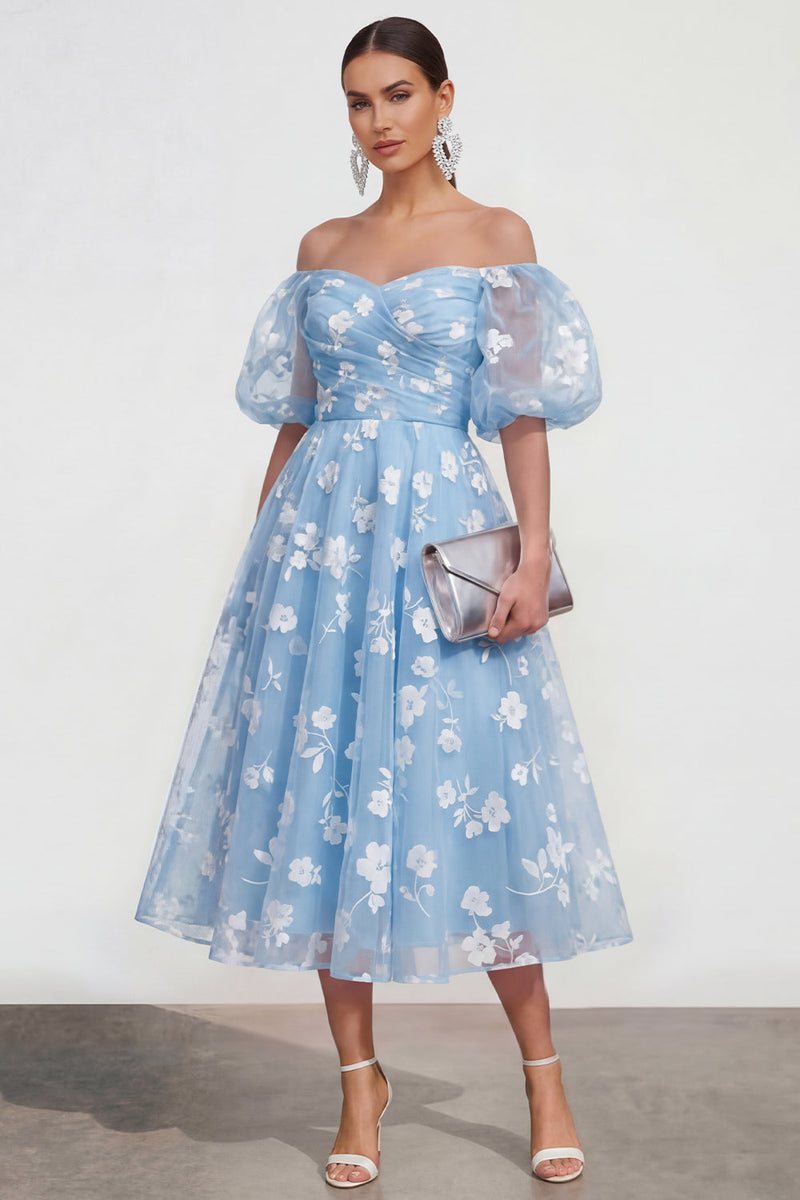 Load image into Gallery viewer, Puff Sleeves Blue Floral A Line Ruched Maxi Wedding Guest Dress