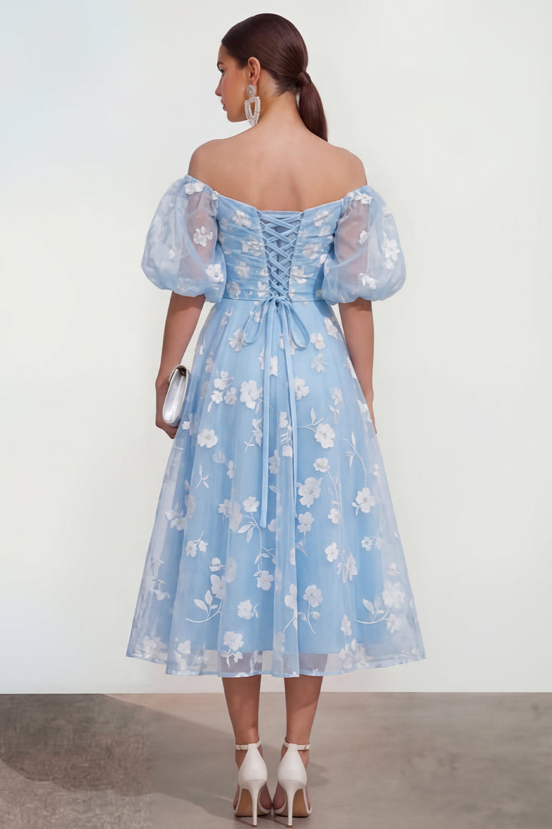 Load image into Gallery viewer, Puff Sleeves Blue Floral A Line Ruched Maxi Wedding Guest Dress