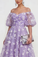 Load image into Gallery viewer, Puff Sleeves Blue Floral A Line Ruched Maxi Wedding Guest Dress
