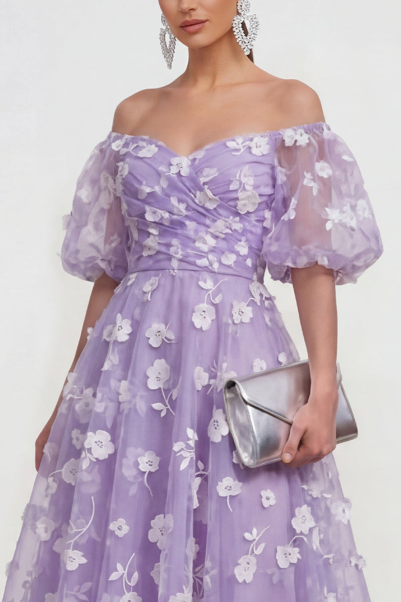 Load image into Gallery viewer, Puff Sleeves Blue Floral A Line Ruched Maxi Wedding Guest Dress