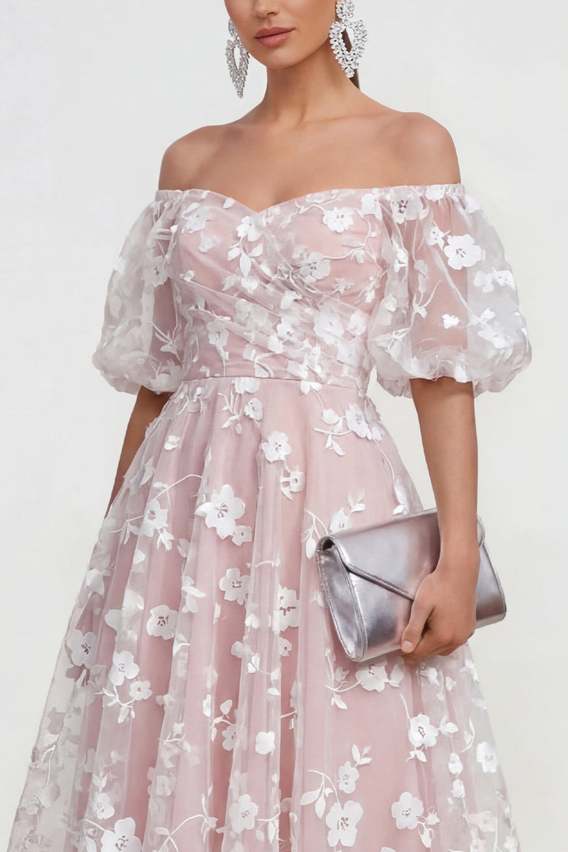 Load image into Gallery viewer, Puff Sleeves Blue Floral A Line Ruched Maxi Wedding Guest Dress