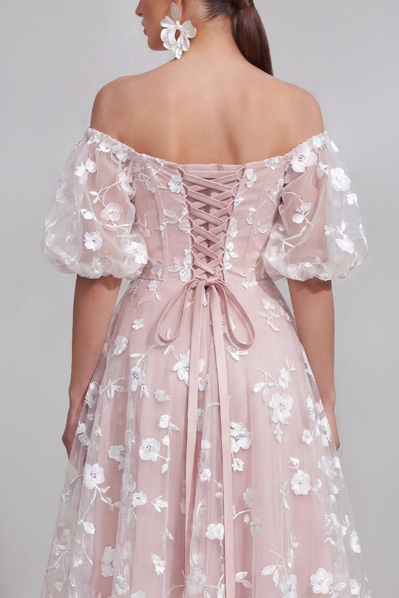 Load image into Gallery viewer, Puff Sleeves Blue Floral A Line Ruched Maxi Wedding Guest Dress