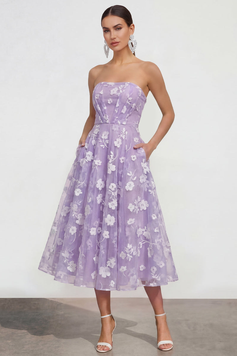 Load image into Gallery viewer, Strapless Corset Lilac Floral A Line Maxi Wedding Guest Dress