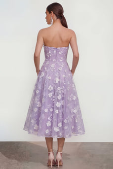 Strapless Corset Lilac Floral A Line Maxi Wedding Guest Dress