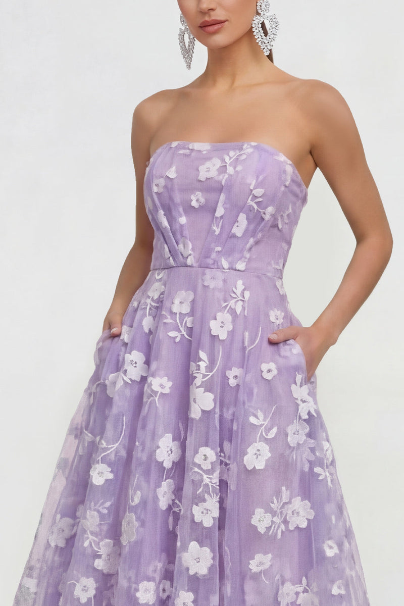 Load image into Gallery viewer, Strapless Corset Lilac Floral A Line Maxi Wedding Guest Dress