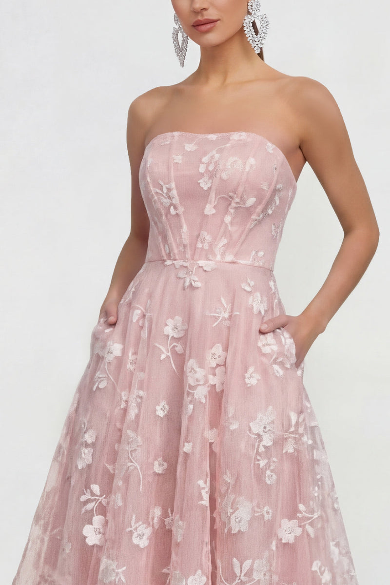 Load image into Gallery viewer, Strapless Corset Lilac Floral A Line Maxi Wedding Guest Dress