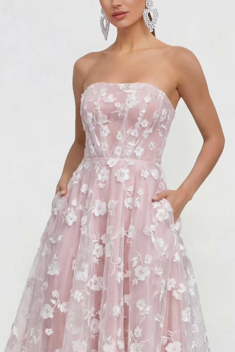 Load image into Gallery viewer, Strapless Corset Lilac Floral A Line Maxi Wedding Guest Dress