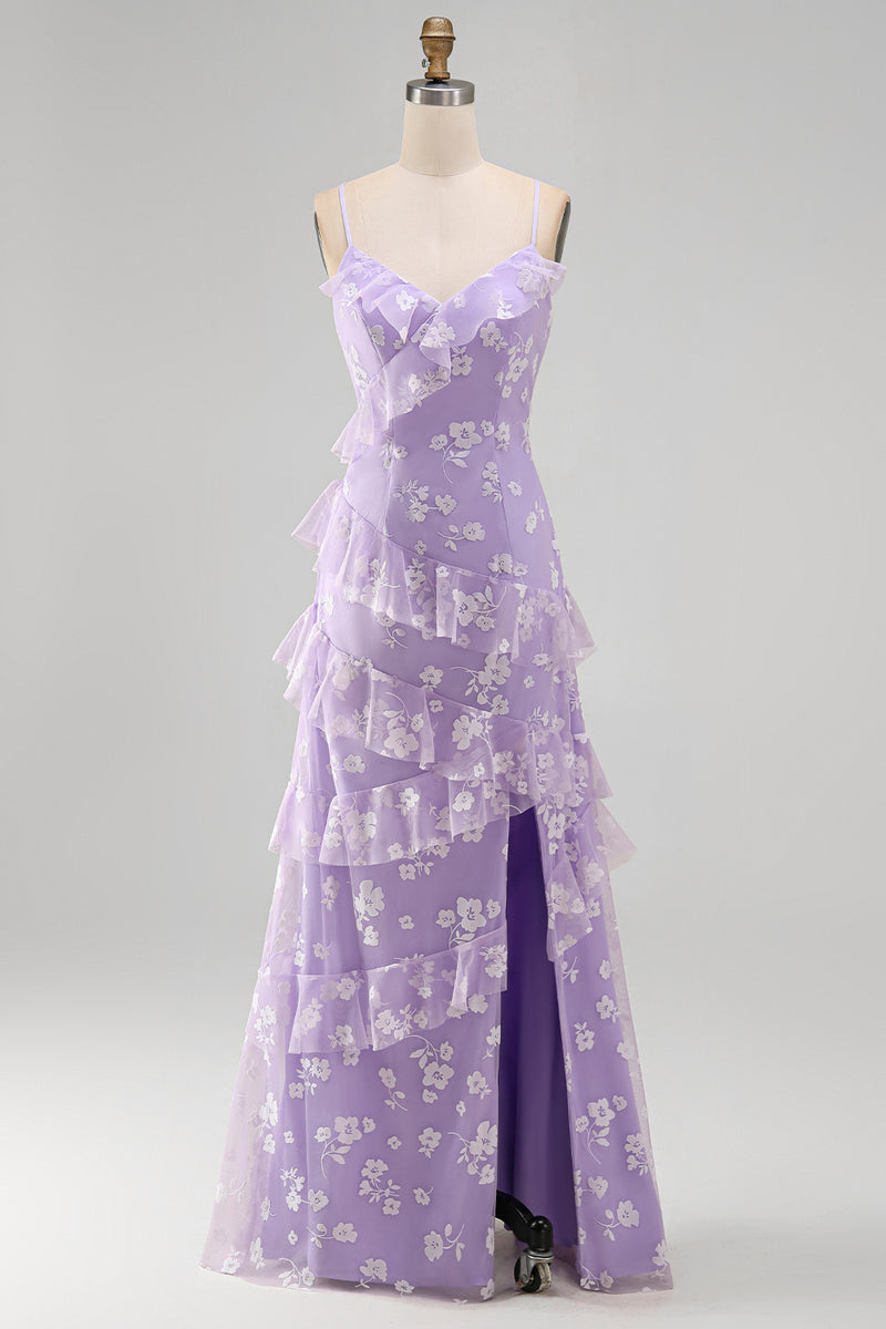 Load image into Gallery viewer, Floral Spaghetti Straps Pink A Line Maxi Wedding Guest Dress with Ruffles