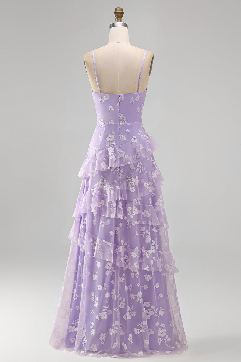 Load image into Gallery viewer, Floral Spaghetti Straps Pink A Line Maxi Wedding Guest Dress with Ruffles