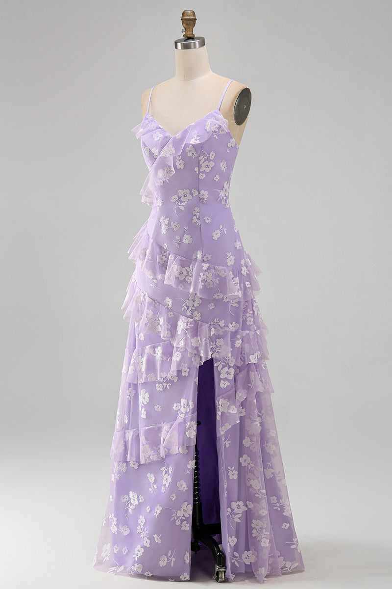 Load image into Gallery viewer, Floral Spaghetti Straps Pink A Line Maxi Wedding Guest Dress with Ruffles
