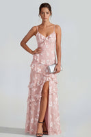 Load image into Gallery viewer, Floral Spaghetti Straps Pink A Line Maxi Wedding Guest Dress with Ruffles