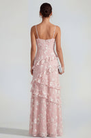 Load image into Gallery viewer, Floral Spaghetti Straps Pink A Line Maxi Wedding Guest Dress with Ruffles