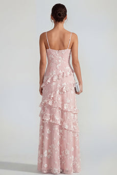 Floral Spaghetti Straps Pink A Line Maxi Wedding Guest Dress with Ruffles