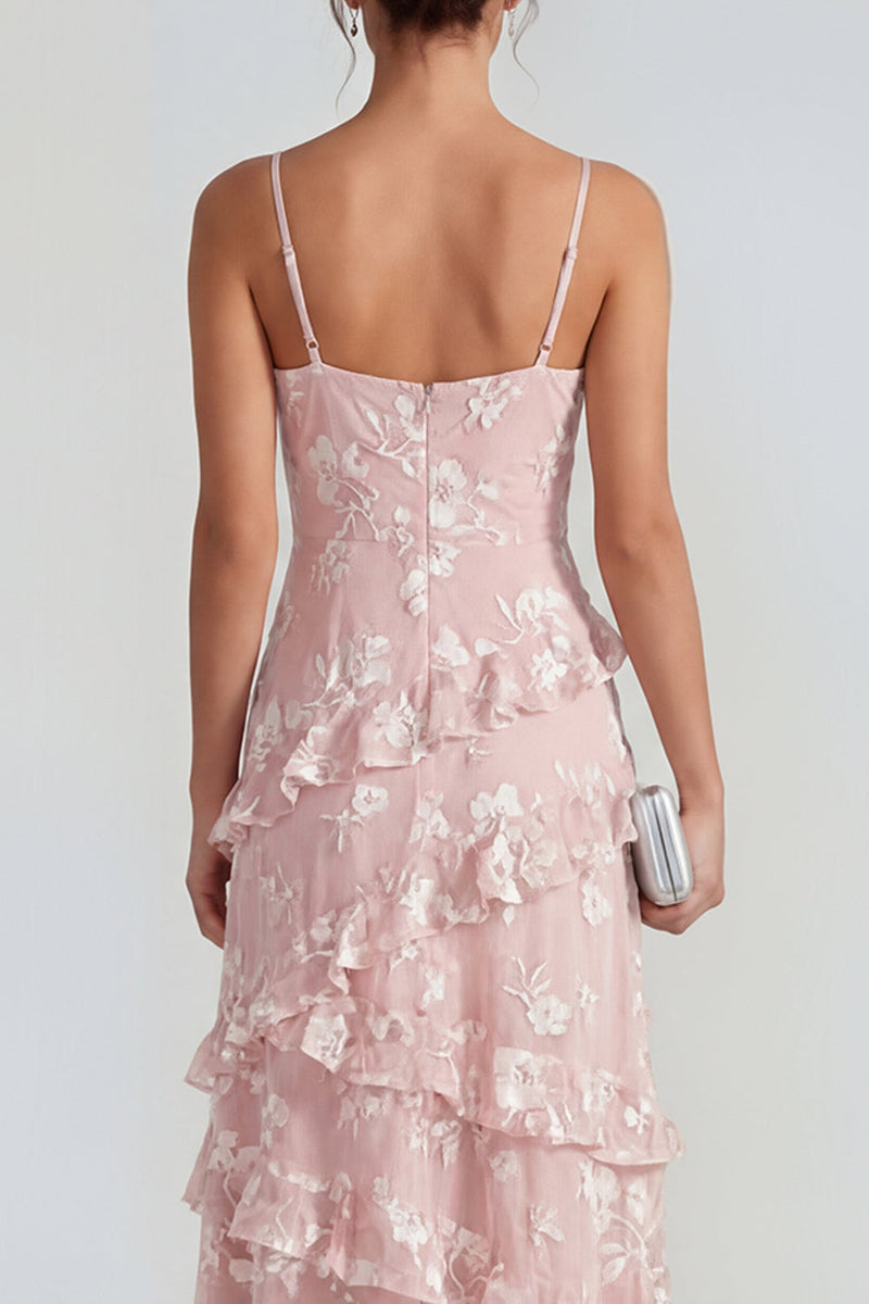 Load image into Gallery viewer, Floral Spaghetti Straps Pink A Line Maxi Wedding Guest Dress with Ruffles