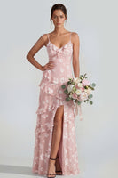 Load image into Gallery viewer, Floral Spaghetti Straps Pink A Line Maxi Wedding Guest Dress with Ruffles