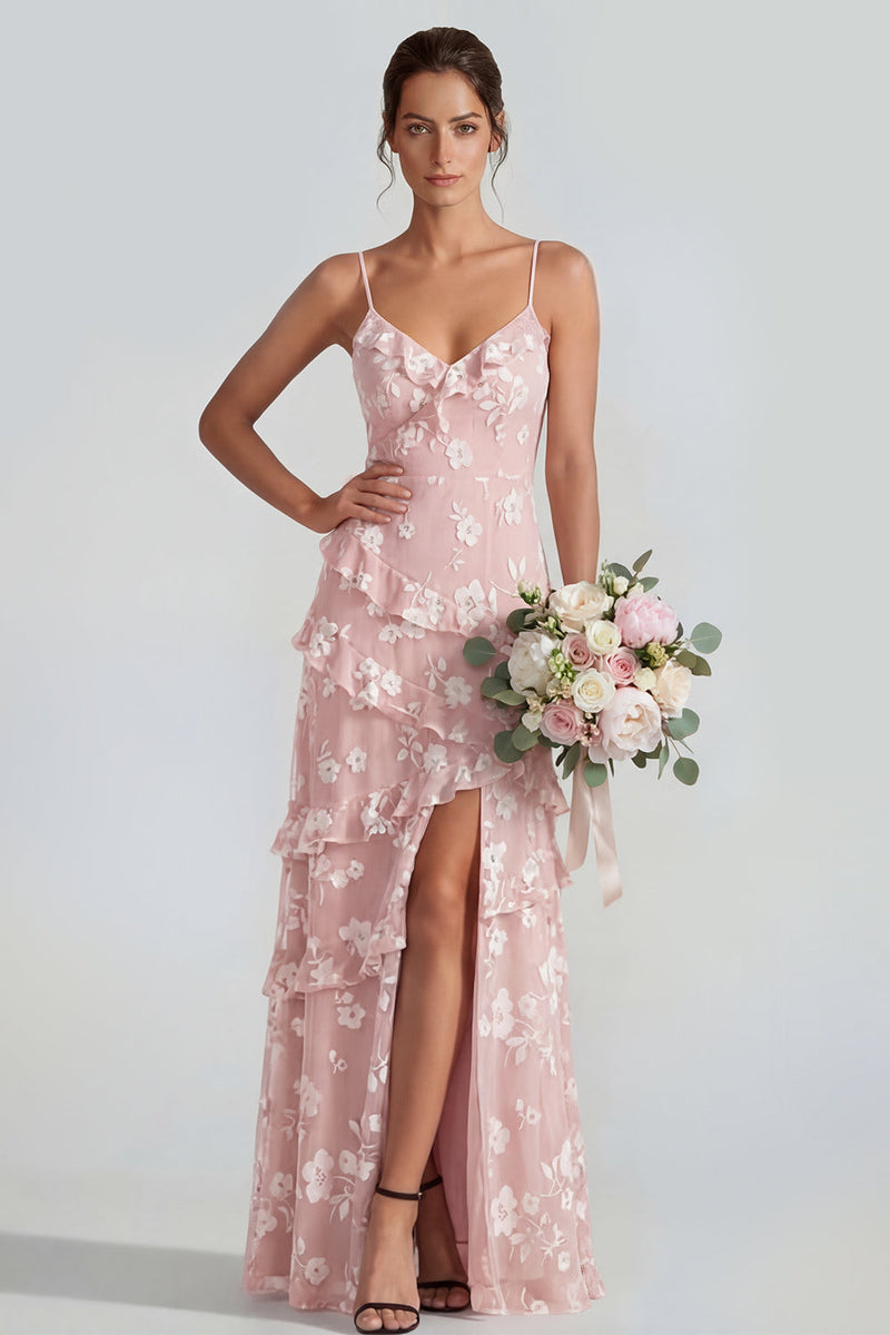 Load image into Gallery viewer, Floral Spaghetti Straps Pink A Line Maxi Wedding Guest Dress with Ruffles