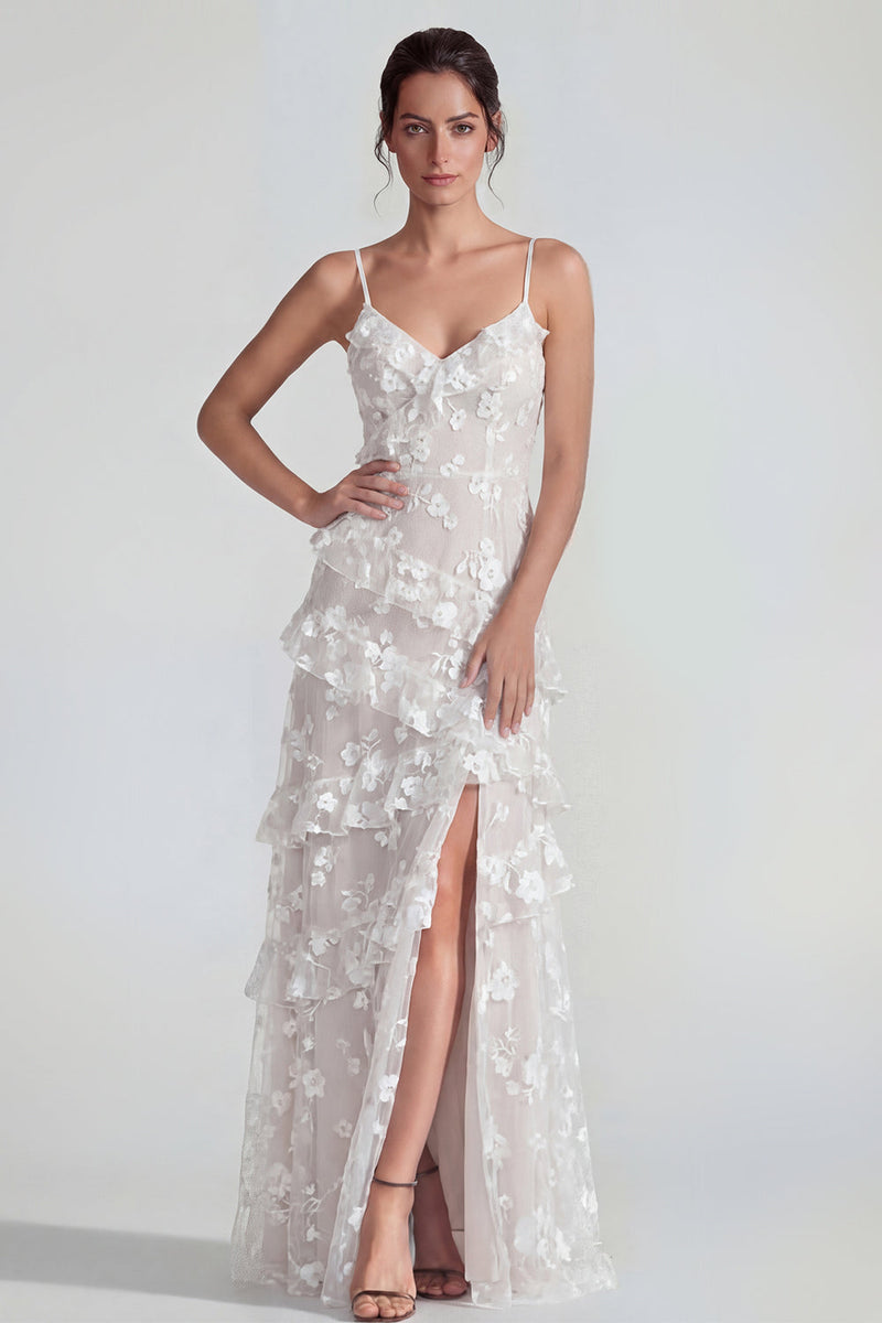 Load image into Gallery viewer, Floral Spaghetti Straps Pink A Line Maxi Wedding Guest Dress with Ruffles