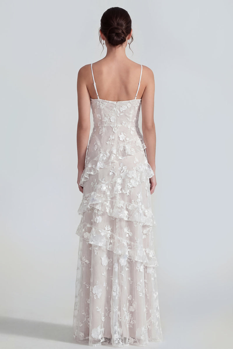 Load image into Gallery viewer, Floral Spaghetti Straps Pink A Line Maxi Wedding Guest Dress with Ruffles