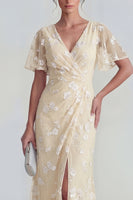 Load image into Gallery viewer, Floral Pink Flutter Sleeves Sheath Maxi Ruched Wedding Guest Dress with Slit