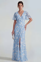 Load image into Gallery viewer, Floral Pink Flutter Sleeves Sheath Maxi Ruched Wedding Guest Dress with Slit