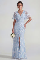 Load image into Gallery viewer, Floral Pink Flutter Sleeves Sheath Maxi Ruched Wedding Guest Dress with Slit