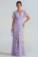 Load image into Gallery viewer, Floral Pink Flutter Sleeves Sheath Maxi Ruched Wedding Guest Dress with Slit