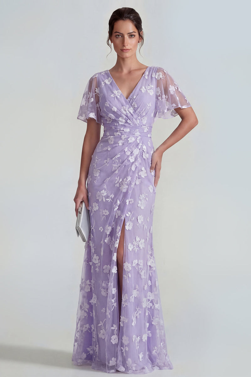 Load image into Gallery viewer, Floral Pink Flutter Sleeves Sheath Maxi Ruched Wedding Guest Dress with Slit