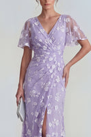 Load image into Gallery viewer, Floral Pink Flutter Sleeves Sheath Maxi Ruched Wedding Guest Dress with Slit