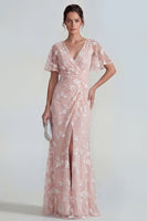 Load image into Gallery viewer, Floral Pink Flutter Sleeves Sheath Maxi Ruched Wedding Guest Dress with Slit