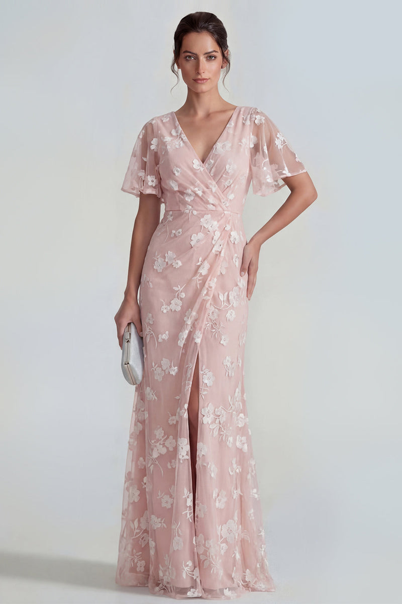 Load image into Gallery viewer, Floral Pink Flutter Sleeves Sheath Maxi Ruched Wedding Guest Dress with Slit