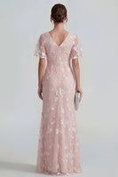 Load image into Gallery viewer, Floral Pink Flutter Sleeves Sheath Maxi Ruched Wedding Guest Dress with Slit
