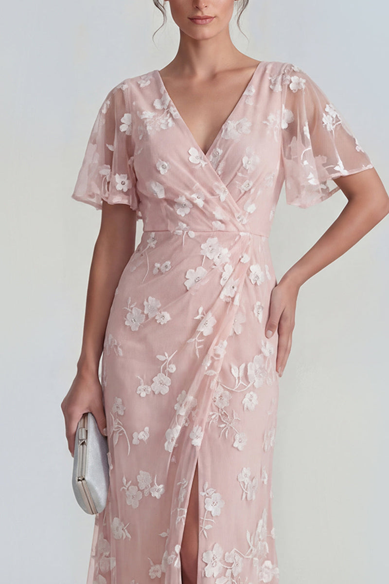 Load image into Gallery viewer, Floral Pink Flutter Sleeves Sheath Maxi Ruched Wedding Guest Dress with Slit