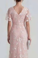 Load image into Gallery viewer, Floral Pink Flutter Sleeves Sheath Maxi Ruched Wedding Guest Dress with Slit