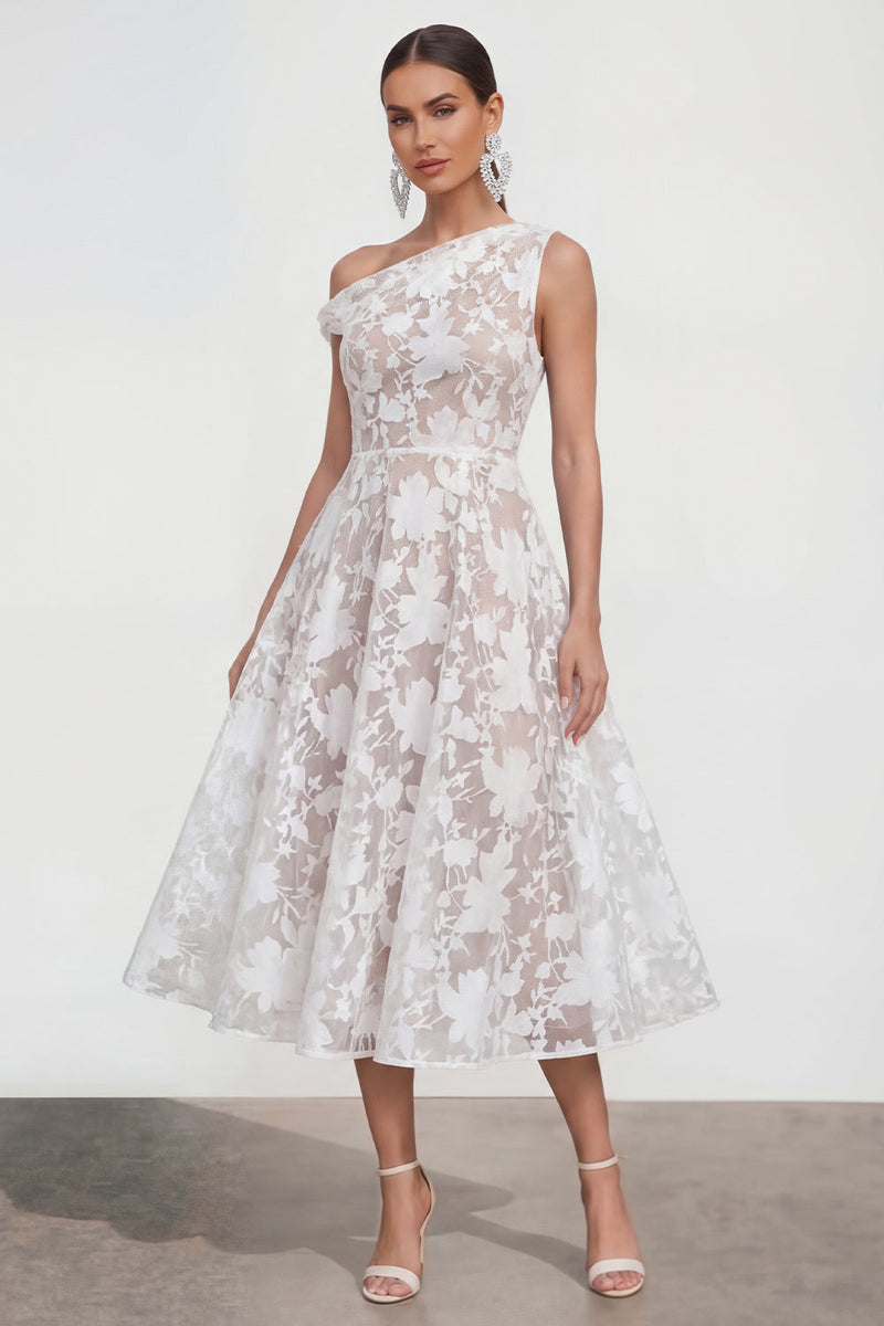 Load image into Gallery viewer, Floral White A Line One Shoulder Maxi Wedding Guest Dress