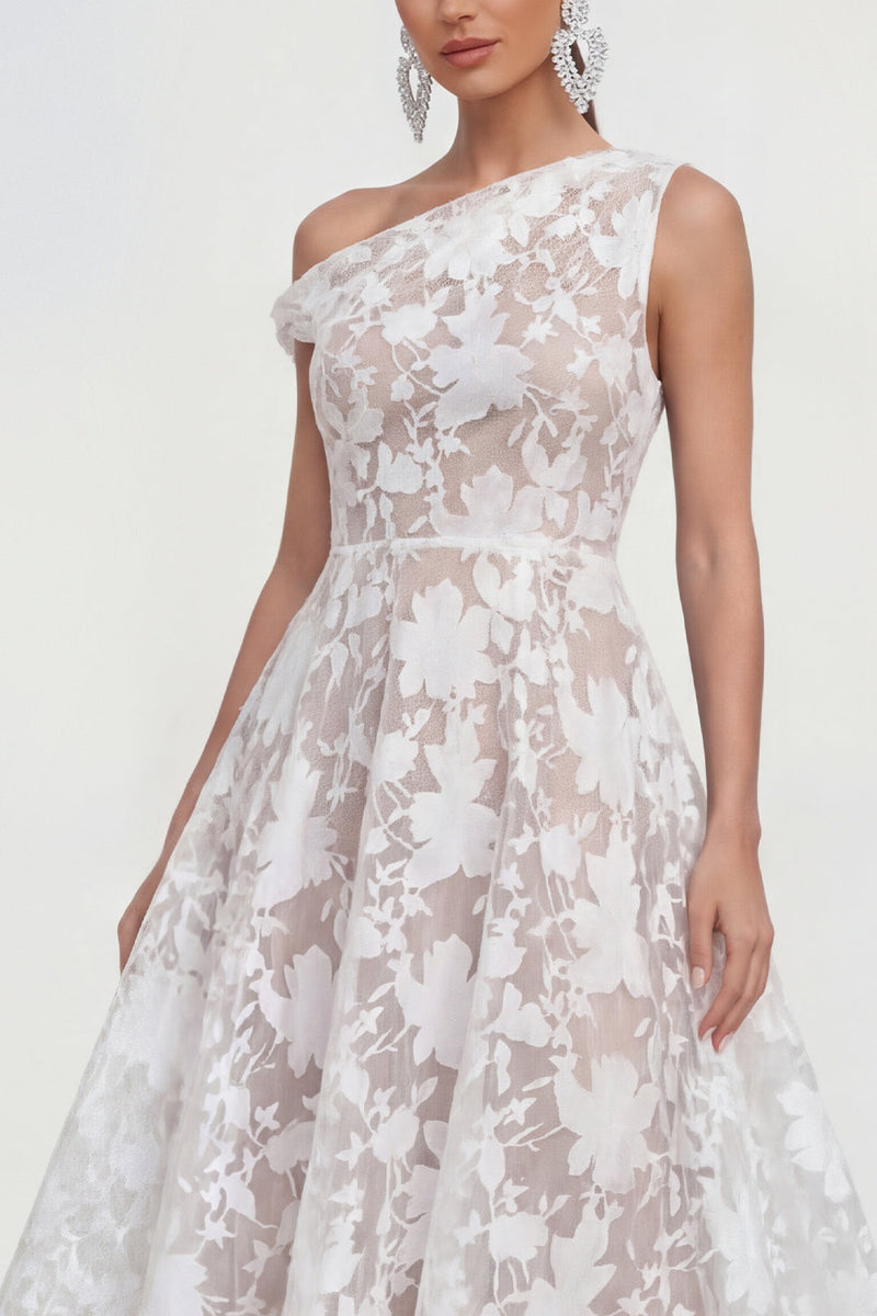 Load image into Gallery viewer, Floral White A Line One Shoulder Maxi Wedding Guest Dress
