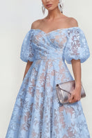 Load image into Gallery viewer, Yellow A Line Floral Puff Sleeves Ruched Maxi Wedding Guest Dress
