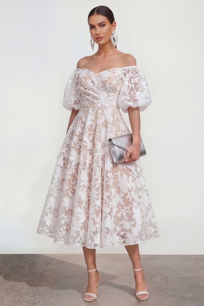 Load image into Gallery viewer, Yellow A Line Floral Puff Sleeves Ruched Maxi Wedding Guest Dress