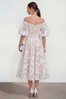 Load image into Gallery viewer, Yellow A Line Floral Puff Sleeves Ruched Maxi Wedding Guest Dress