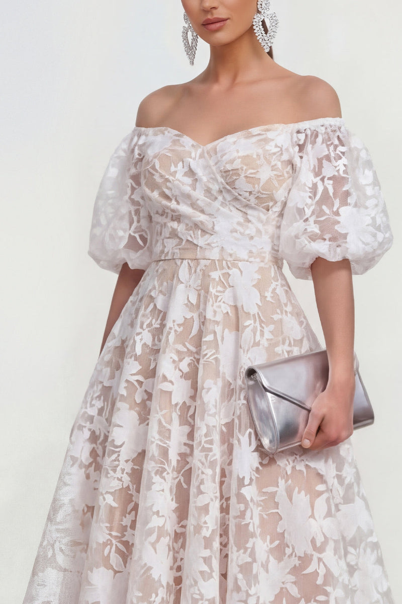 Load image into Gallery viewer, Yellow A Line Floral Puff Sleeves Ruched Maxi Wedding Guest Dress