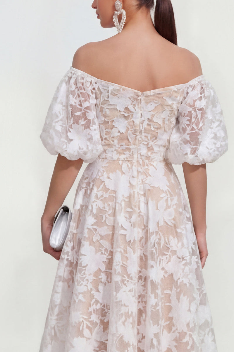 Load image into Gallery viewer, Yellow A Line Floral Puff Sleeves Ruched Maxi Wedding Guest Dress